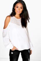 Boohoo Grace Lace Neck Cold Shoulder Woven Top Ivory