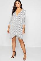 Boohoo Plus Striped Wrap Frill Sleeve Dress