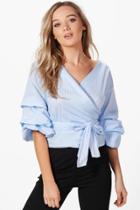 Boohoo Eva Ruffle Sleeve Wrap Gingham Shirt Blue