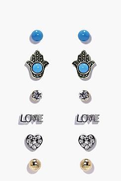 Boohoo Phillipa Hamsa & Love Stud Earring Set