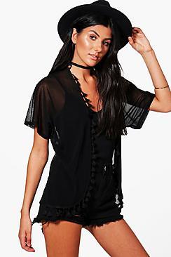 Boohoo Maria Tassel Trim Mesh Kimono