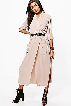 Boohoo Long Sleeve Pocket Front Shirt Dress