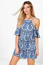 Boohoo Leila Off The Shoulder Porcelain Print Playsuits