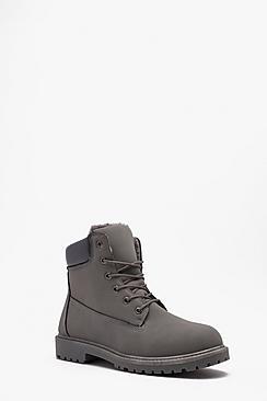 Boohoo Worker Boots With Faux Fur Lining