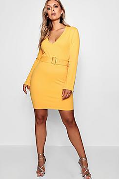 Boohoo Plus Belted Plunge Neck Mini Dress