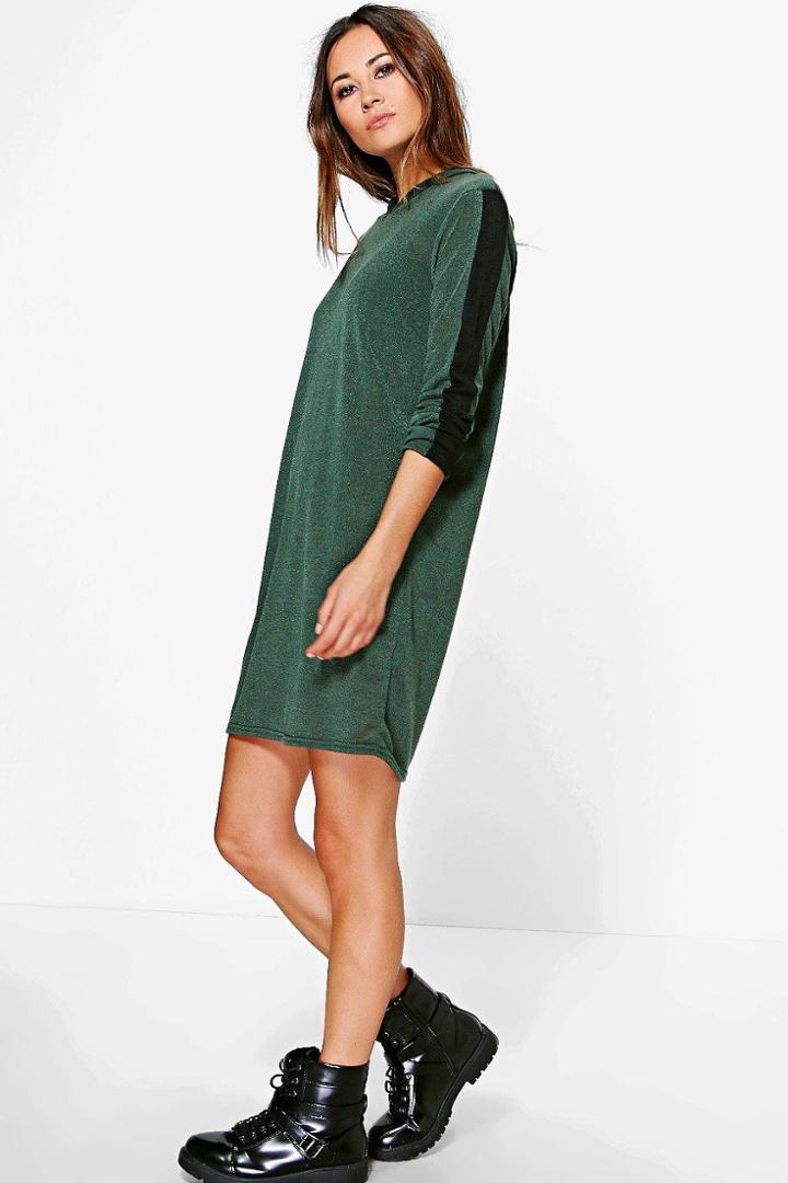 Boohoo Maria Marl Knit Hoodie Dress Khaki