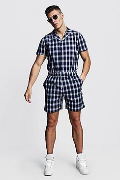 Boohoo Navy Check Revere Collar Short Jumpsuit