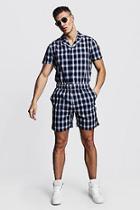 Boohoo Navy Check Revere Collar Short Jumpsuit