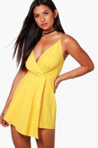 Boohoo Bella Pleat Front Wrap Over Playsuit Yellow