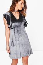 Boohoo Demi Velvet Frill Front Dress Grey