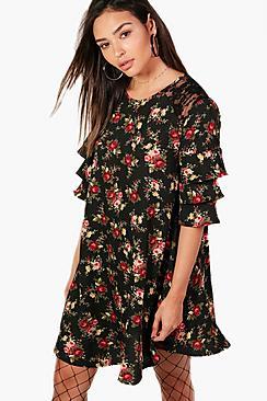 Boohoo Anna Lace Insert Frill Sleeve Swing Dress