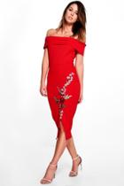 Boohoo Hillary Bardot Applique Midi Bodycon Dress Red