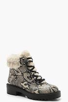 Boohoo Snake Print Faux Fur Cuff Hiker Boots