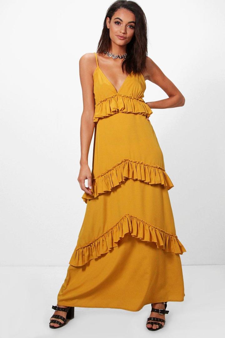 Boohoo Olivia Ruffle Tier Western Strap Maxi Dress Ochre