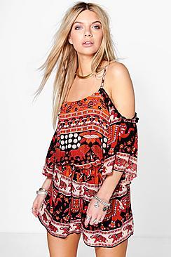 Boohoo Evie Elephant Print Pom Pom Playsuit