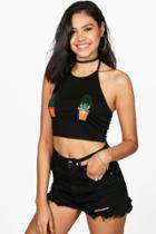 Boohoo Sadie Cactus Applique Halter Crop Black