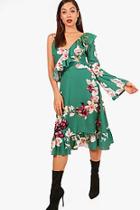 Boohoo Olivia One Shoulder Floral Midi Tea Dress
