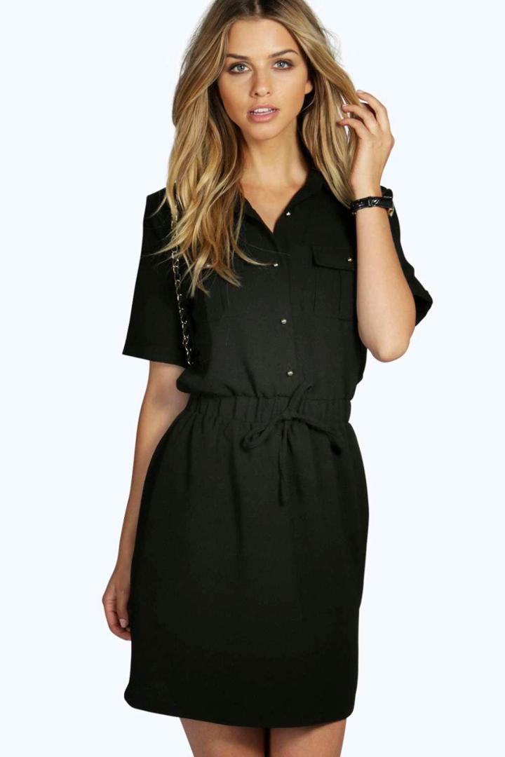 Boohoo Daisy Tie Waist Shirt Skater Dress Black