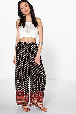 Boohoo Ella Border Print Woven Wide Leg Trousers