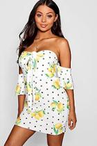 Boohoo Petite Lemon Print Tie Front Bodycon Dress