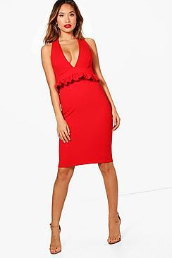 Boohoo Anna Frill Front Plunge Bodycon Midi Dress
