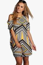 Boohoo Plus Katie Aztec Print Open Shoulder Shift Dress