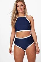 Boohoo Plus Chrissie Colour Block Trim Halterneck Bikini
