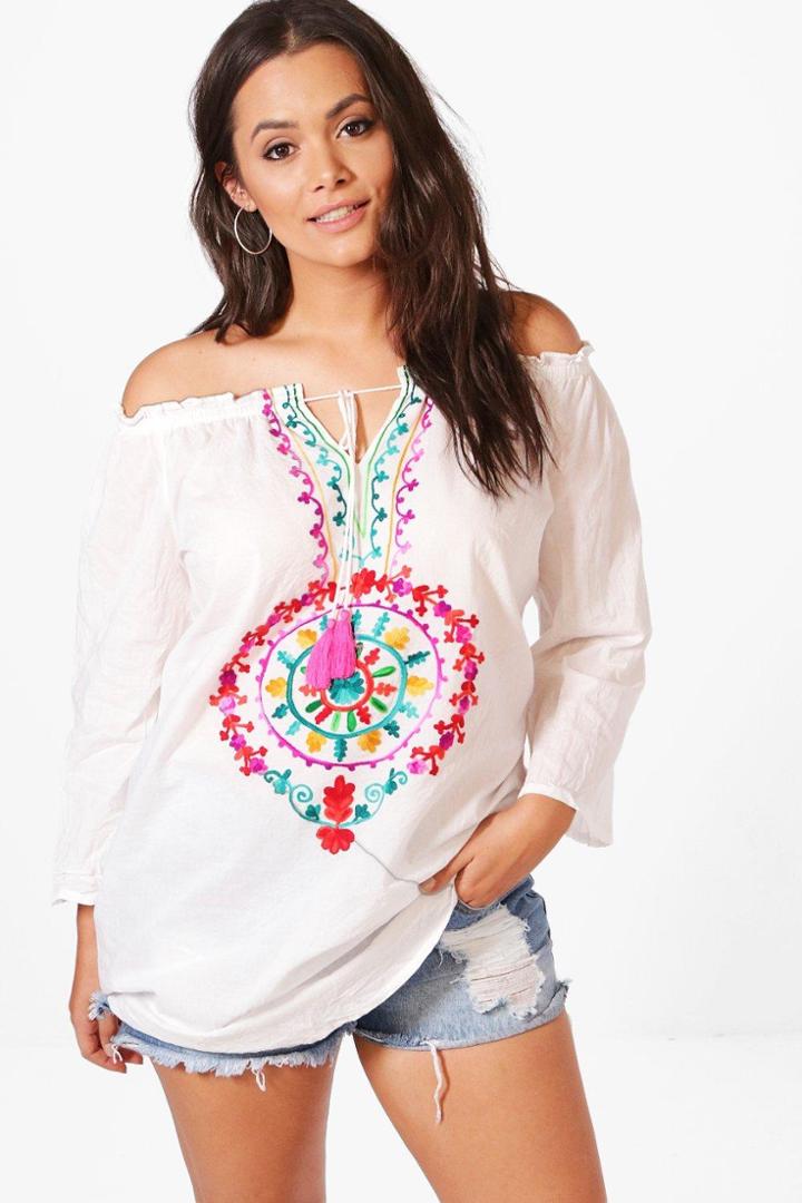 Boohoo Plus Anna Bright Embroidered Smock Top White