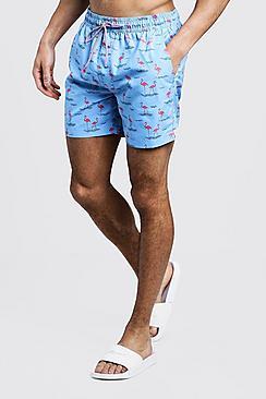 Boohoo Mid Length Flamingo Print Swim Shorts