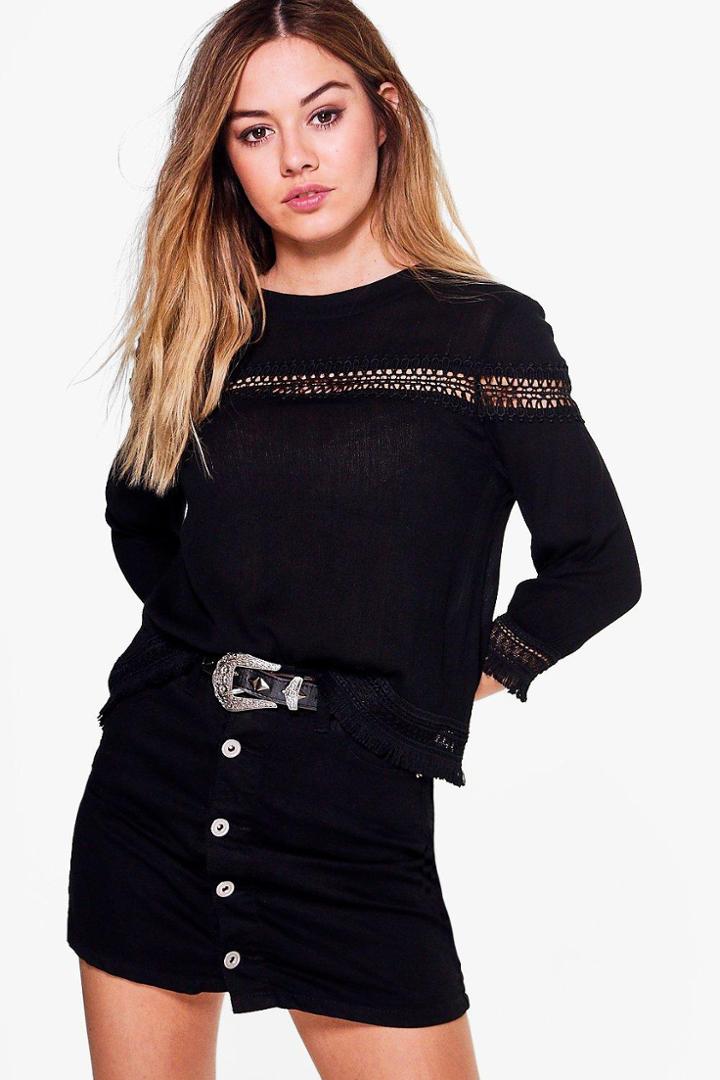 Boohoo Petite Jemima Trim Detail Crinkle Blouse Black