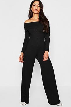 Boohoo Jumbo Rib Bardot Culotte Jumpsuit