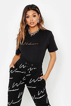 Boohoo Rainbow Embroidered Woman Script Slogan T-shirt