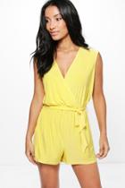 Boohoo Jenny Slinky Belted Plunge Playsuit Yellow