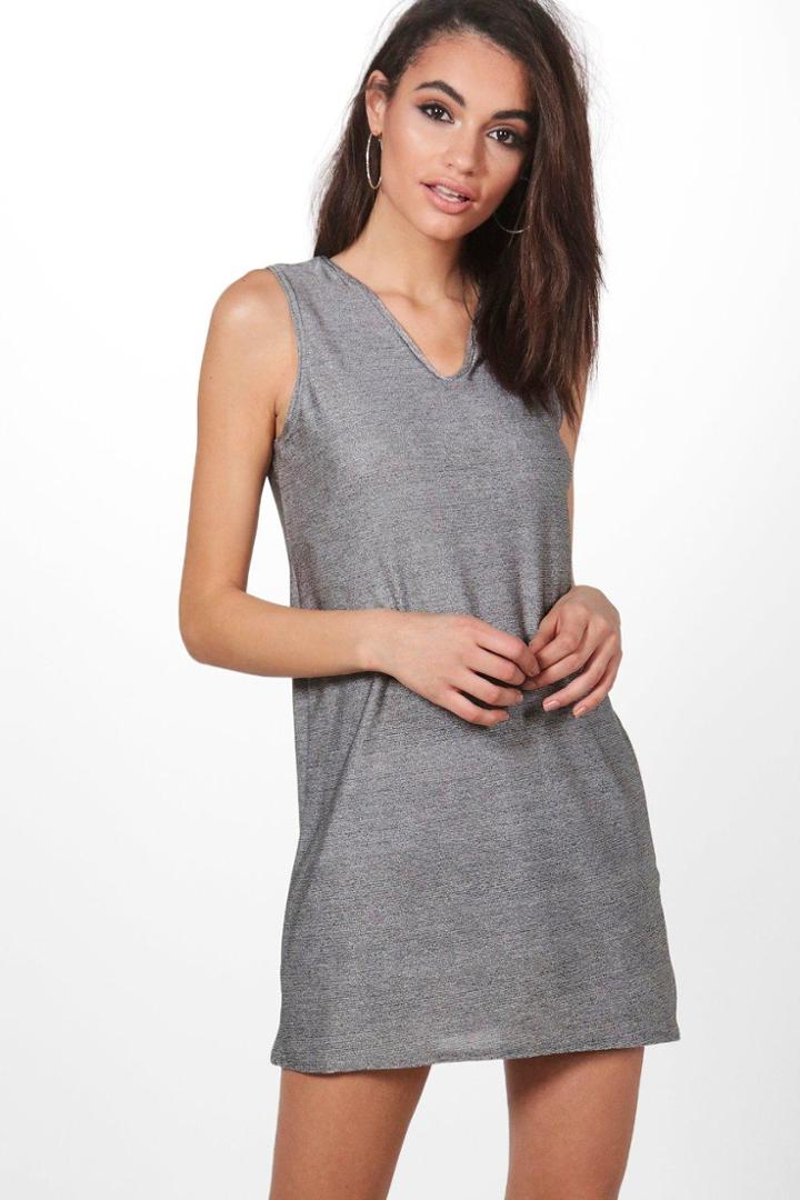 Boohoo Rockie Metallic V Neck Shift Dress Black