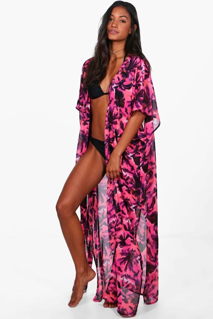 Boohoo Laura Neon Sunset Palm Maxi Beach Kimono Pink