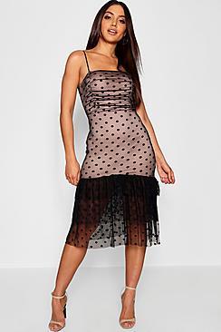 Boohoo Dobby Mesh Midi Ruffle Dress