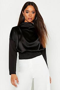 Boohoo Satin High Neck Shirring Blouse