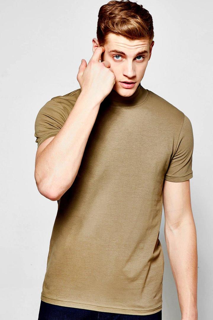 Boohoo Short Sleeve Muscle Fit Turtle Neck T-shirt Khaki