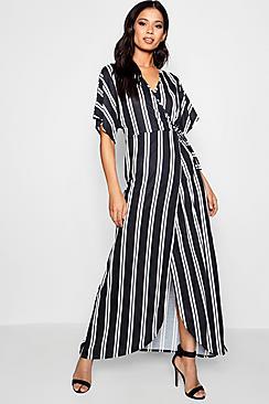Boohoo Myla Striped Angel Sleeve Wrap Front Maxi Dress