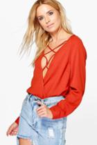 Boohoo Evie Lace Up Wrap Over Blouse Rust