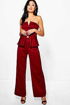 Boohoo Heidi Bandeau Peplum Top & Wide Leg Trouser Co-ord