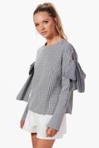 Boohoo Heidi Gingham Tie Sleeve Blouse Black