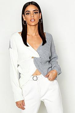 Boohoo Knitted Colour Block Twist Front Sweater