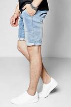 Boohoo Blue Wash Denim Knit Shorts In Long Length