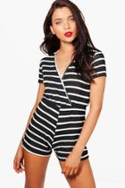 Boohoo Petite Mia Wrap Front Capped Sleeve Stripe Playsuit Black