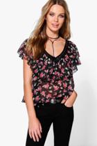 Boohoo Lois Rose Print Trim Ruffle Top Black