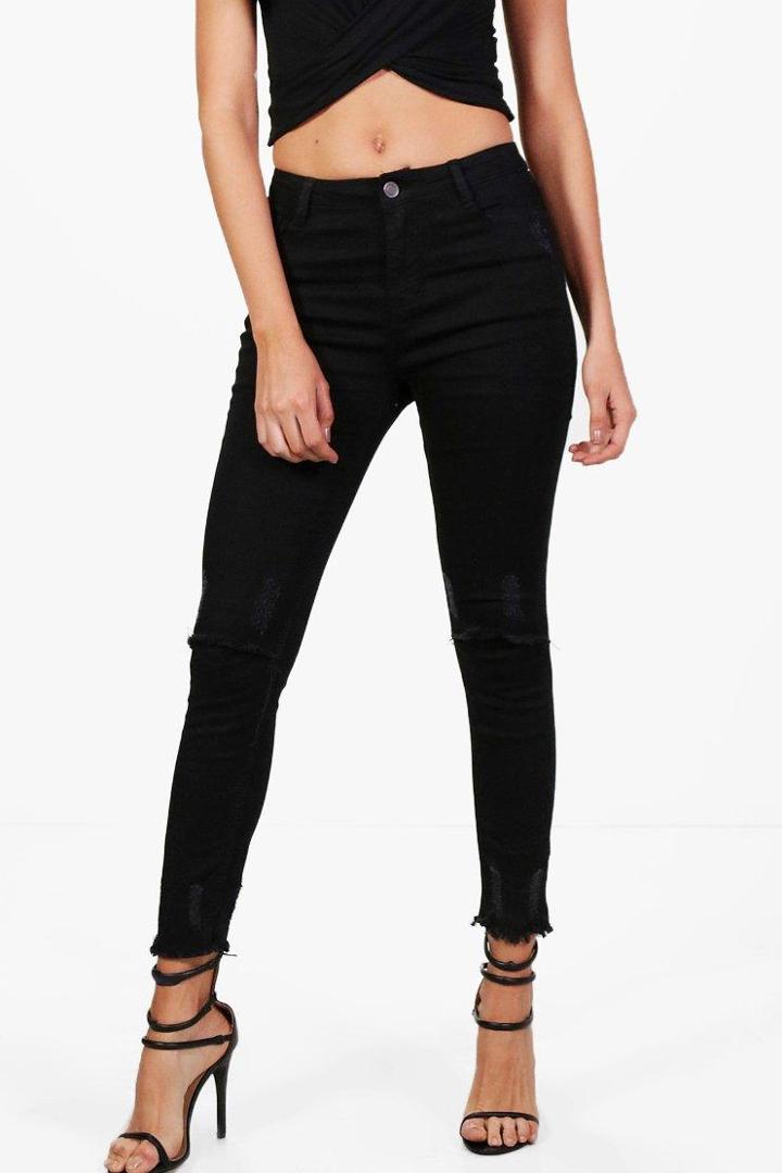 Boohoo Brianne Slit Knee Destroyed Hem Skinny Jeans Black