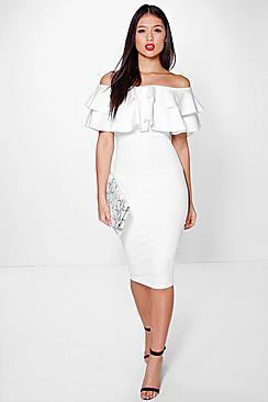 Boohoo Dixie Bardot Layered Frill Detail Midi Dress