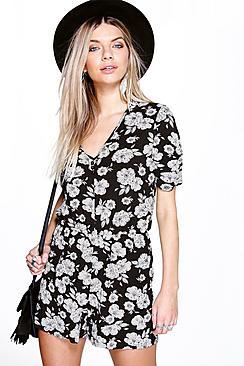 Boohoo Mia Capped Sleeve Button Front Playsuit