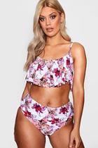 Boohoo Plus Jane Floral Print Frill High Waist Bikini